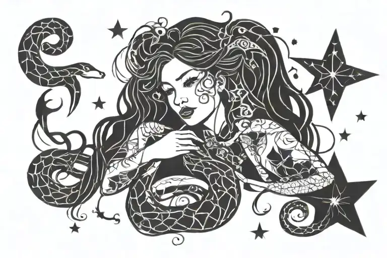 Woman With Long Hais And Snake Zentalgle Stars And Doodles