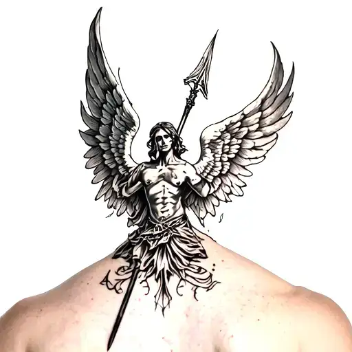 Neck Tattoo Of A Angel Of Cover The Skale Death With Spear Going Through The Words