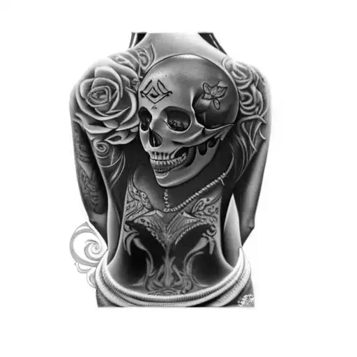 A Woman With A Skull Tattoo On Her Back