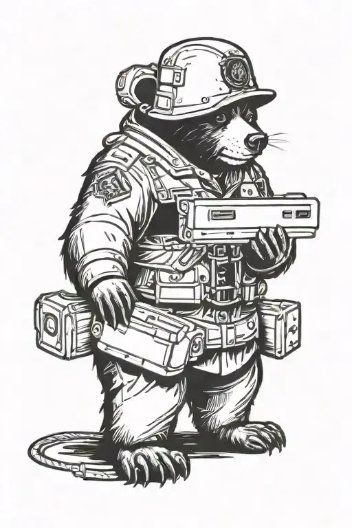 A Blackwork Tattoo Of A Bear Wearing A Signal Corps Uniform Holding A Computer Mouse