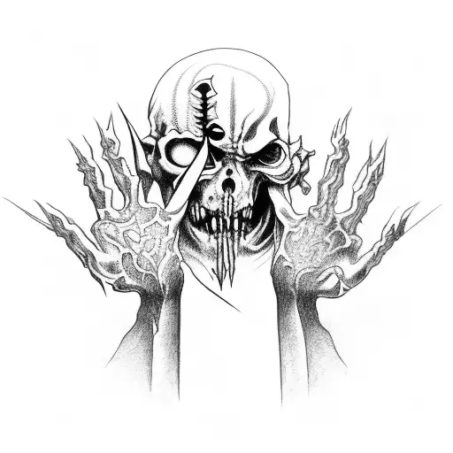 Evil Justitia With Fading Zombie Hands Reaching For Her