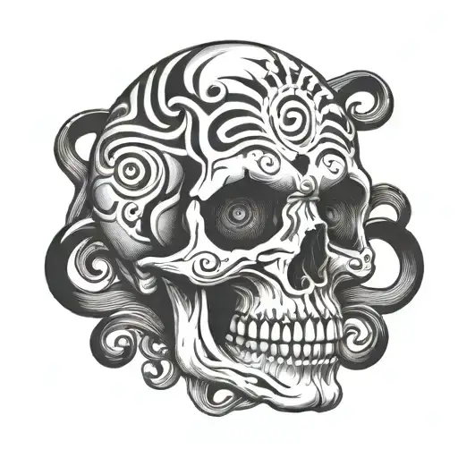 Skull With Thick Wavy Lines And Tribalistic Features