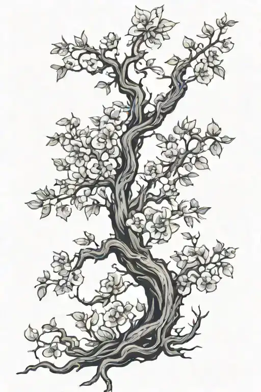 A Burned Knarled Tree With Twisted Branches And Flowers Beginning To Bloom