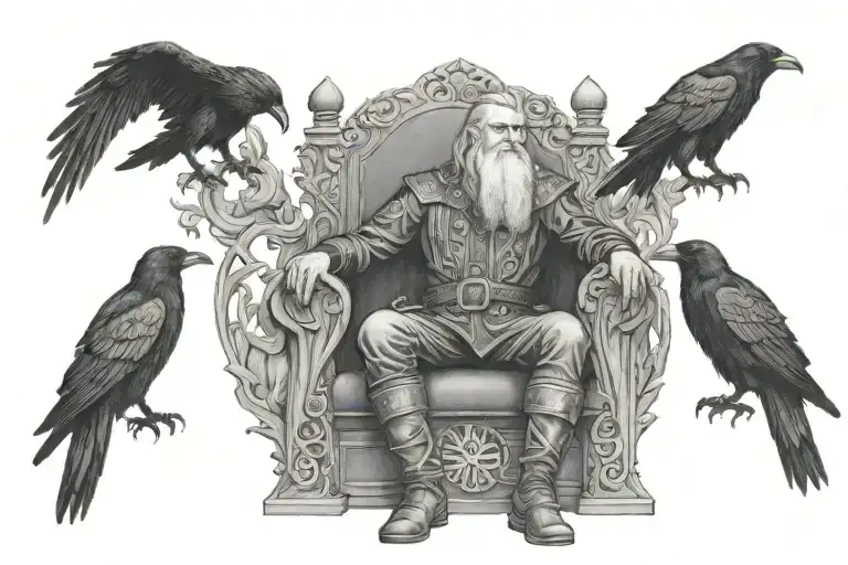 Odin Sitting In A Throne With His Two Ravens Huginn And Muninn