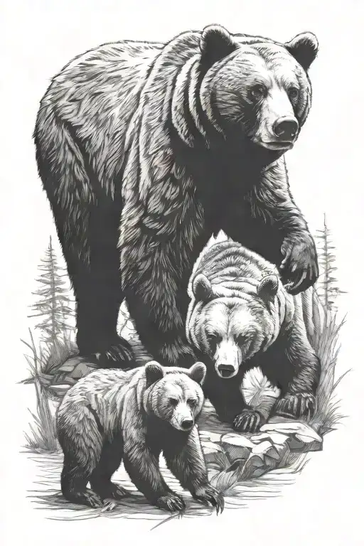 A Bear And 2 Cubs Playing