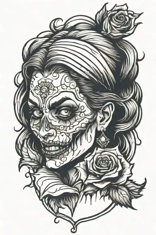 Evil Woman Face Zombie Black Rose