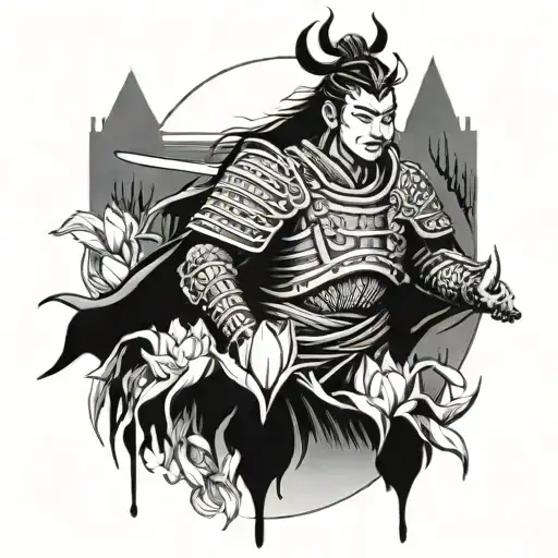 Samurai Warrior Wiith Broken Mask Surrounded With Tulips Annd Waves And Castle