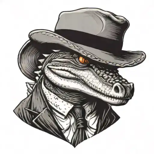 A Portrait Of A Serious Alligator Who Is Wearing A Suit And A Mafia Fedora With A Cigar In His Mouth