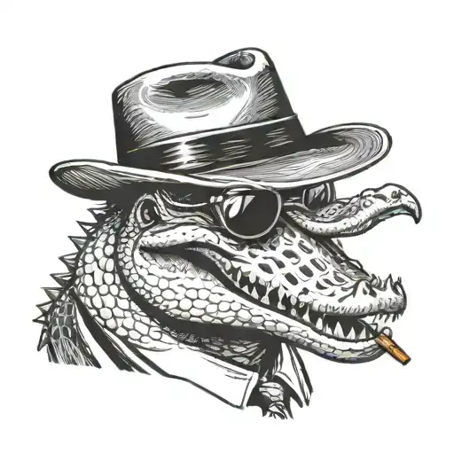 A Portrait Of A Serious Alligator Who Is Wearing A Suit And A Mafia Fedora With A Cigar In His Mouth