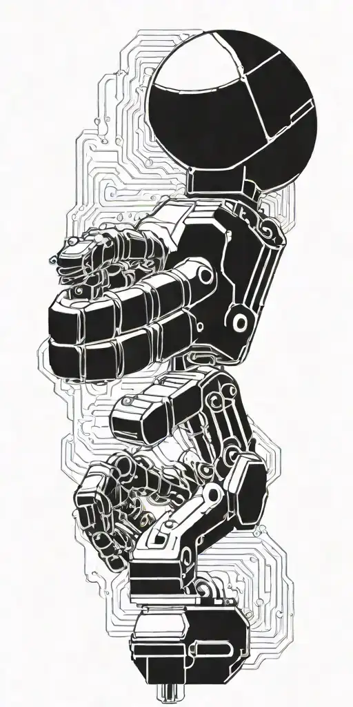 A Robotic Arm Holding A Circuit Board With Binary Code Flowing Through It