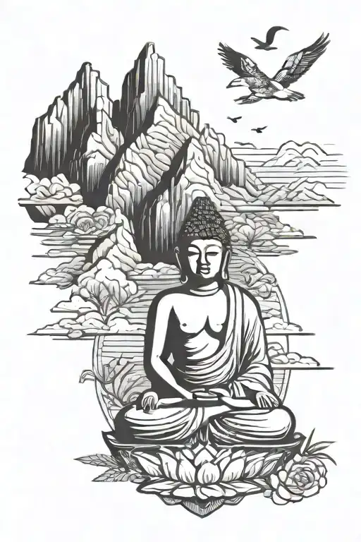 Buddha Floating Over Mountains With 3 Birds In Forground