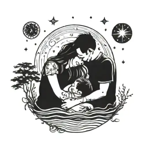 A Father Holding His Wife And Hugging His Daughter And Son In A Sky Full Of Stars By The Seashore
