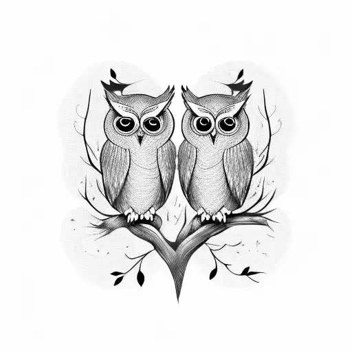 Three Cartoon Owls Sitting On A Branch In Black And White