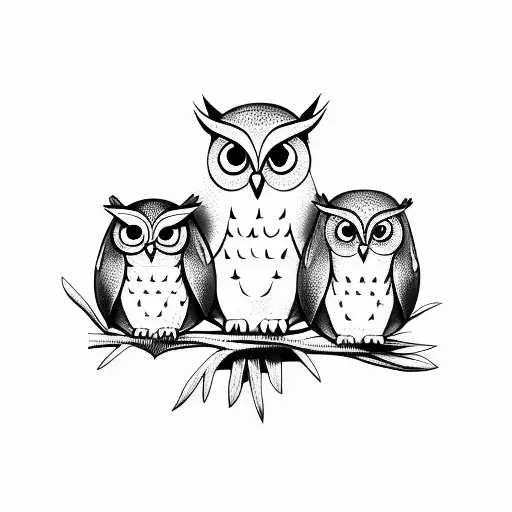 Three Cartoon Owls Sitting On A Branch In Black And White