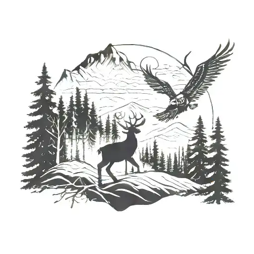 A Deer With An Eagle Soaring In A Mountainous Forest Setting
