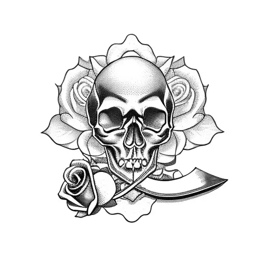 Skull With Knife And Roses