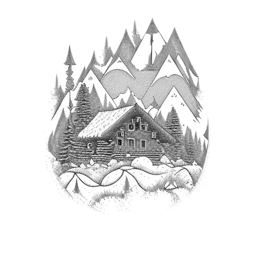 Cabin In The Forest With Mountains In The Background