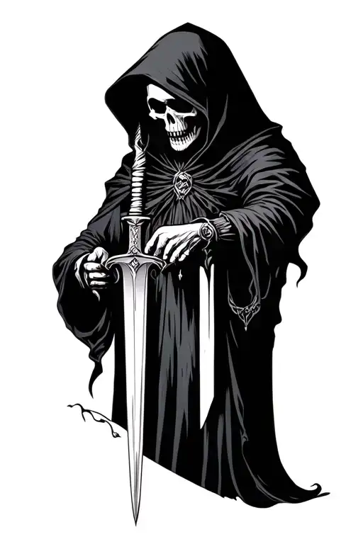 Hooded Grim Reaper With Most Of Skull Hidden Inspecting A Dagger