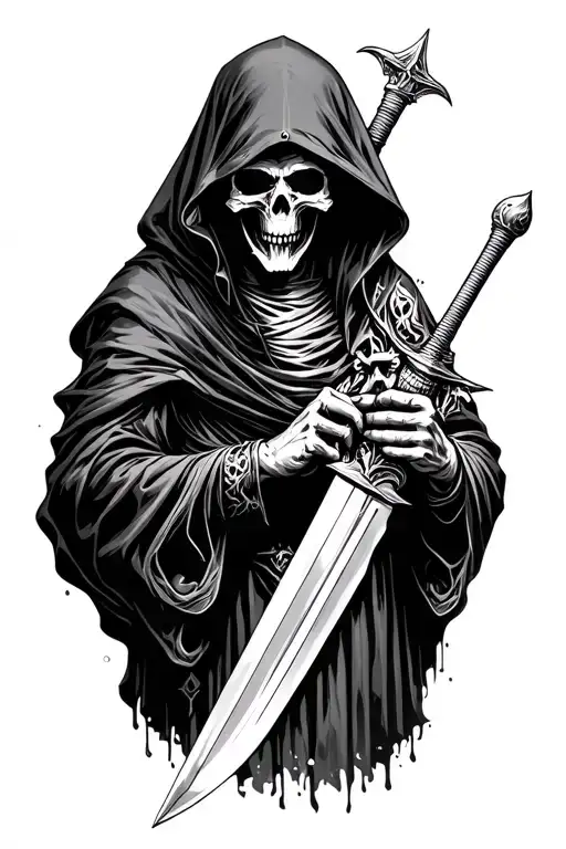 Hooded Grim Reaper With Most Of Skull Hidden Inspecting A Dagger