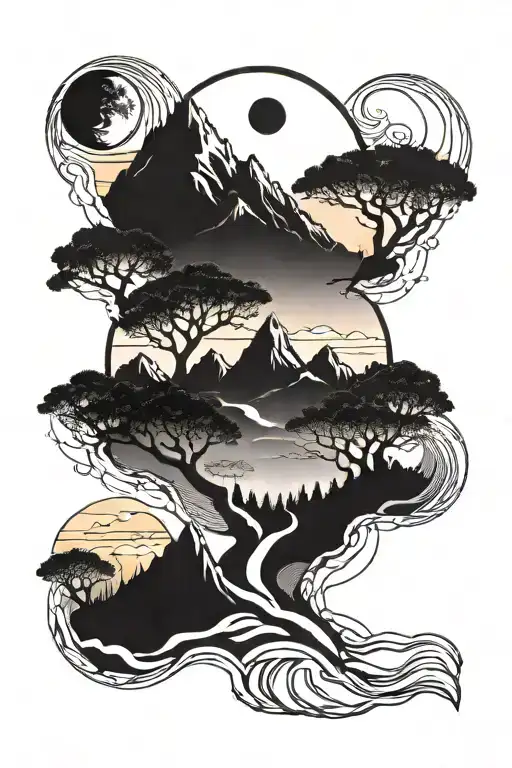 Mountain Range With Sunset Infinity Symbol World Tree Road