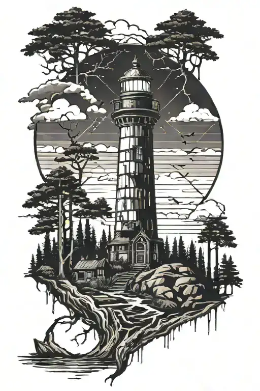 Destroyed Post Apocalypse Lighthouse Surrounded By Lots Tall Pine Trees