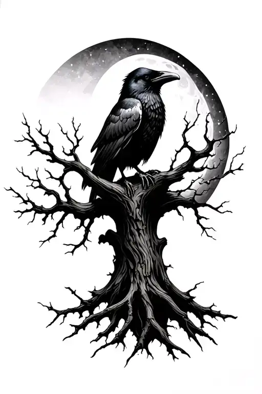 Raven With Moon And Dead Tree