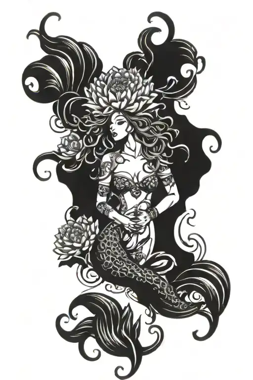 Gypsy Mermaid And Chrysanthemum Flowers Surrounding