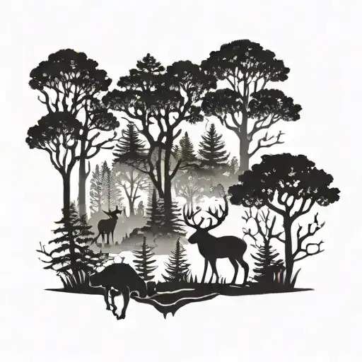 A Dark And Mysterious Forest With Eerie Animal Silhouettes Lurking In The Shadows