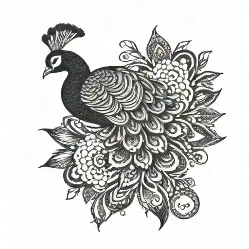 Peacock Tattoo Design With Subtle Crocheting Details In Blackwork Style