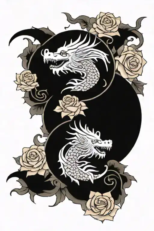 Yin Yang Dragon With Roses Surrounding