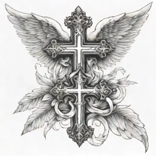 Angel Wings With Cross Intertwined Within Two Eagles
