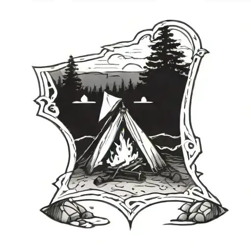 A Detailed Blackwork Tattoo Of A Serene Beach Scene With A Campfire And Tent In The Background