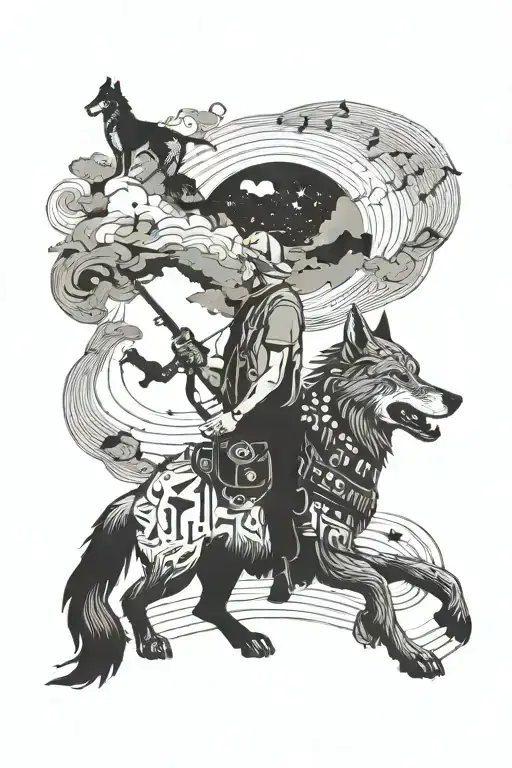 A Mystical Scene Of A Wolf Leading A Traveler Through Different Music Genres Around The World
