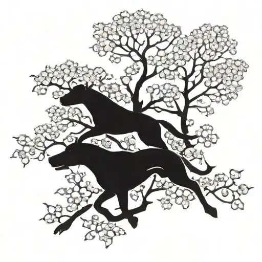 A Stylized Silhouette Of A Pit Bull And A Horse Running Together Under A Canopy Of Dogwood Blossoms