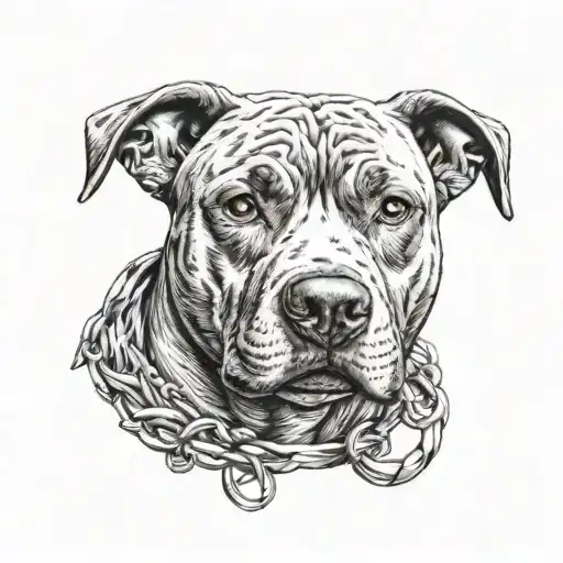 A Realistic Pitbull Portrait With A Small Fish Hook Heart On Its Collar