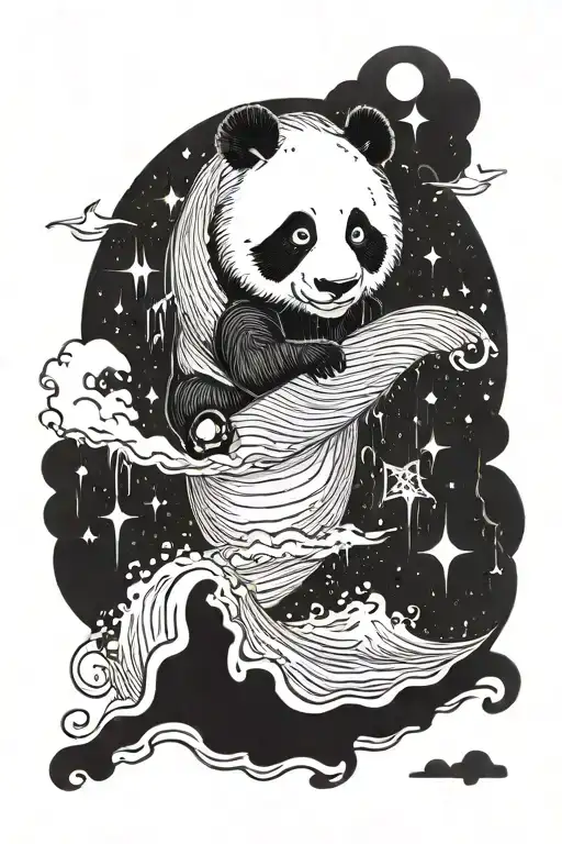 Panda Surfing A Large Wave In A Storm With Lightning And With Anchor And Planets For Upper Arm