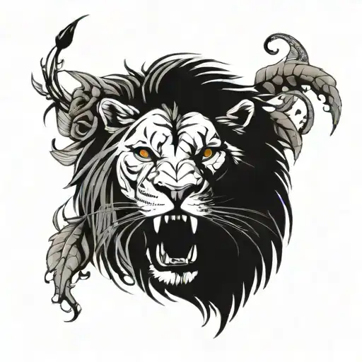 A Male Lion With Roses And Savannah Type Grass The Evil Lion Opens Its Mouth We See The Fangs