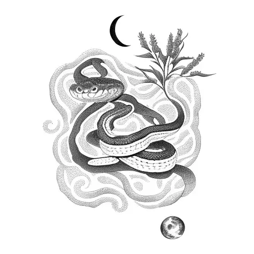Snake Curling Around Lavender With Moon Over Its Head