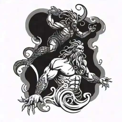 Full Black And Great Tattoo Of Poseidon Fighting The Kraken In The Ocean