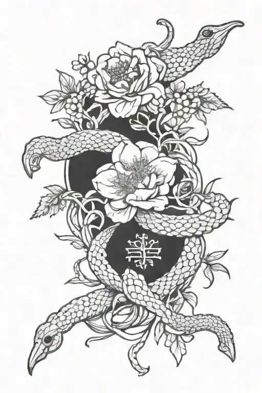 Gemini Snakes In Honeysuckle Aster And Larkspur Flowers Intertwined