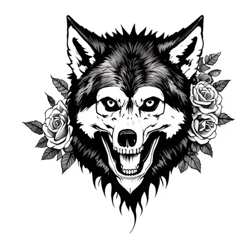 Wolf Wearing Skull Surrounded By Roses