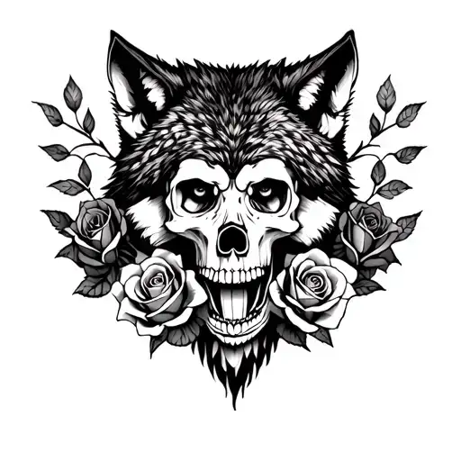 Wolf Wearing Skull Surrounded By Roses