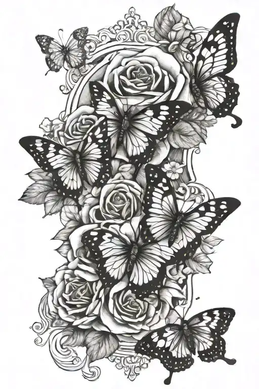 A Circus Rose Surrounded By Three Butterflies Sm Vertical Tatoo