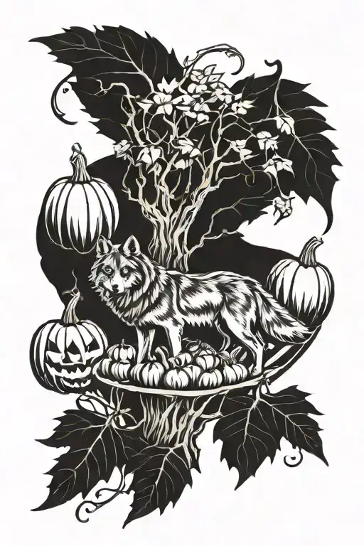 Wolf And Pumpkins Under An Apple Tree