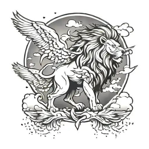 Majestic Roaring Lion With Doves Flying And Clouds