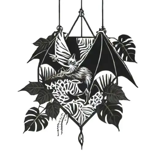 Bat Hanging Upside Down Surrounded By Monstera Plants Intertwined