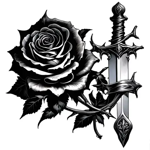 Rose With Sword And Thorns Wrapped Around Most Of The Sword
