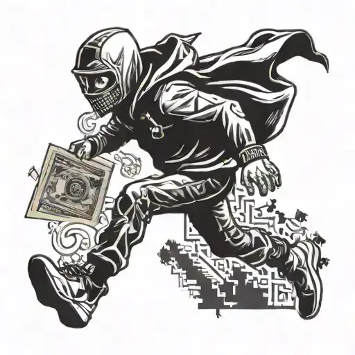 Guy With Mask Running From Corner Storea After Robbery Holding Money Bags