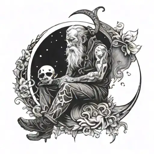 Cresent Moon With An Oldman Who Has An Amputated Leg Sitting On It