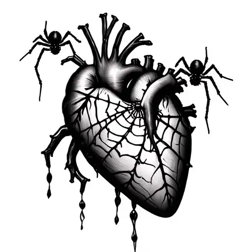 Realistic Heart Wrapped In Spider Web With Two Spiders In The Web And One Hanging Down